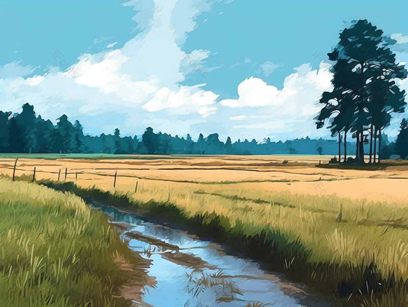 手绘插画夏季夏天小满时节的乡村田园小溪田野田地黄绿色的小麦麦穗禾稻谷物的画面,插画/手绘图,插画/手绘图库,插画/手绘图下载,插画/手绘
